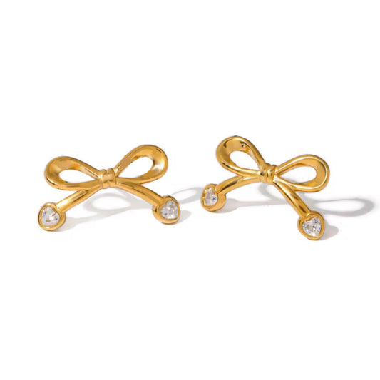 Dainty heart zirconia bow earrings