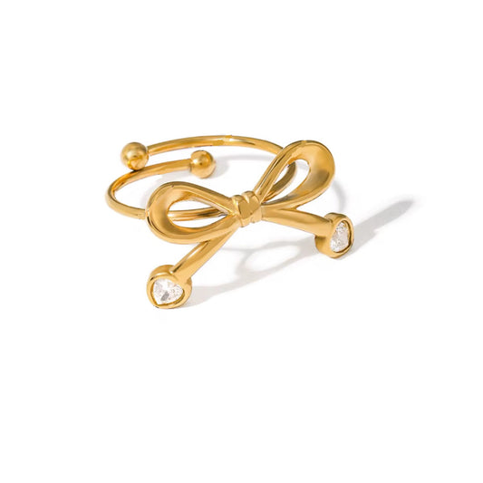 Dainty zirconia heart bow ring